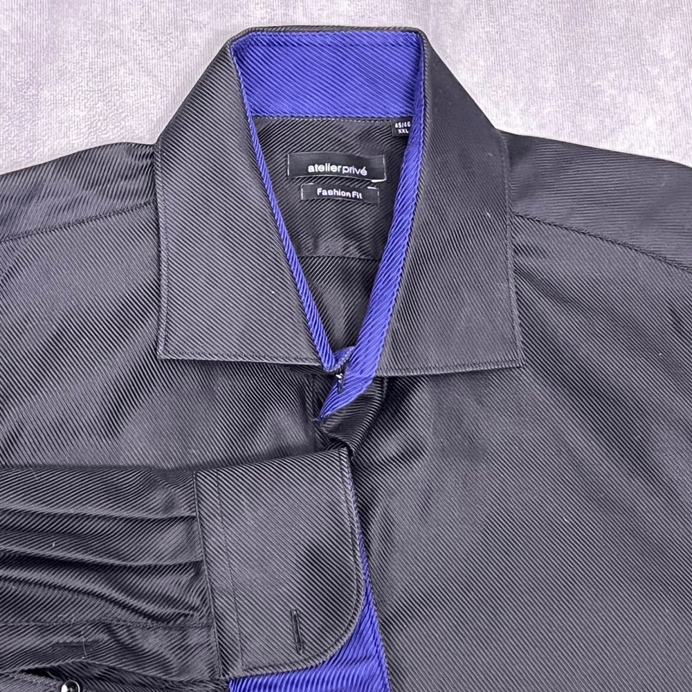 Atelier Prive Button Down Shirt Mens XXL Black w/Blue Trim Textured Fashion Fit